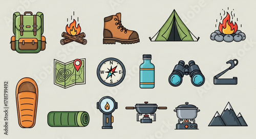 Illustration of camping and hiking equipment including a backpack tent compass and cooking supplies