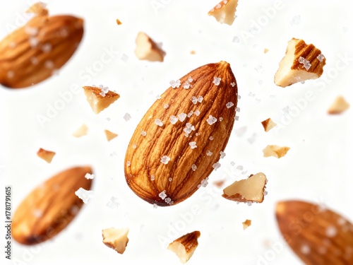 Whole and chopped almonds with salt crystals floating against a white background