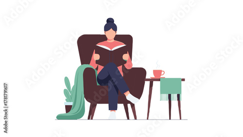 Woman Reading Book in Armchair with Coffee and Plant.