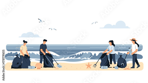 Volunteers actively cleaning up a sandy beach collecting trash and debris near the ocean waves.