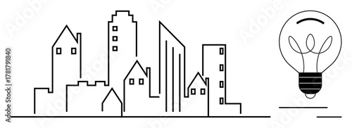 Minimalist city skyline with diverse building shapes next to a glowing light bulb. Ideal for innovation, creativity, sustainability, urban planning, energy solutions, architecture