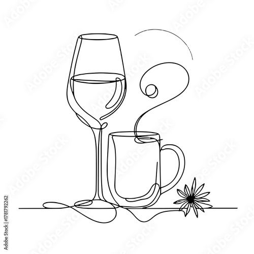 Wine and mulled wine in outline  New Year's drinks and desserts Christmas outline / minimal vector