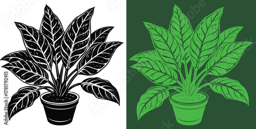 Bring nature indoors with this artistic potted plant illustration in monochrome and green, perfect for adding a botanical touch to your designs