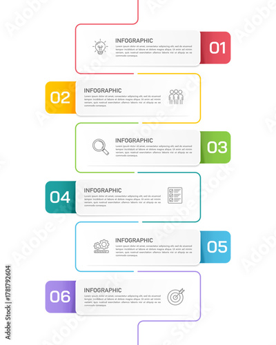 6 Step Vertical Business Infographic Template for Presentation and Workflow Management. Vector illustration.