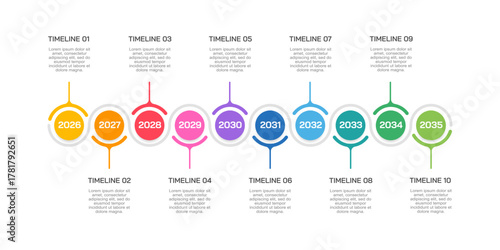 Horizontal 10 Year Business Timeline Infographic Template. Annual Roadmap and Future Strategy. Vector illustration.