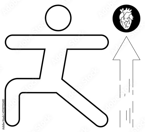 Stick figure performs lunging stretch next to upward arrow and anatomical heart icon. Ideal for fitness, health, goal achievement, vitality, wellness, lifestyle, inspiration. Simple flat metaphor