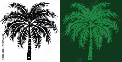 Elegant palm tree silhouettes for tropical designs, perfect for summer themes and vacation vibes, available in black and green color schemes
