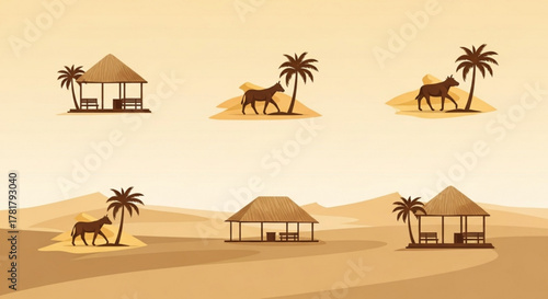 Illustrative desert scene featuring huts, palm trees, and animal silhouettes in a warm color palette