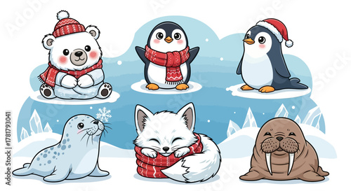 Cute cartoon polar animals wearing scarves