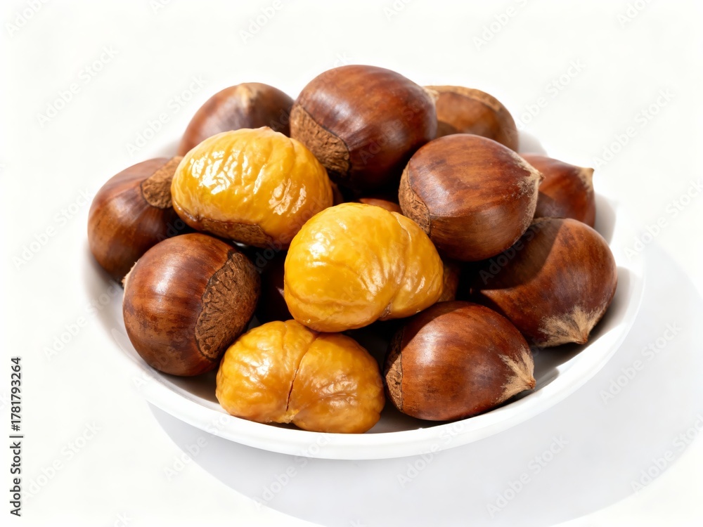 Obraz premium A bowl of roasted and raw chestnuts on a white background