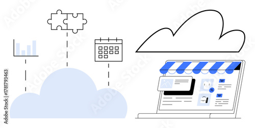 Cloud platform connecting analytics, calendar, puzzle elements, and store interface. Ideal for data management, online business, integration, organization, marketing retail efficient workflows