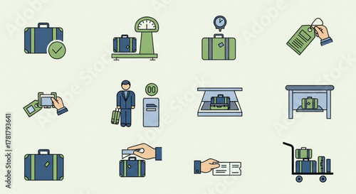 Depiction of various airport luggage handling procedures and related travel activities icons set flat