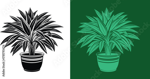 Bring a touch of nature indoors with this split design of a potted plant, in black and white and green monochrome for a modern, stylish aesthetic.