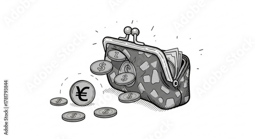 Open purse with various currency coins and paper money spilling out on a white background design