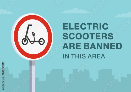 Safe driving tips and traffic regulation rules. Close-up of european "no electric scooters" sign meaning. Electric scooters are banned in this area. Flat vector illustration template.