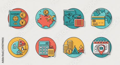 Illustration of travel planning icons including passport, money, map, expenses and calendar icon set