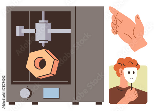 3D printer creating geometric shape, hand in gesturing pose, person holding a mask over their face. Ideal for innovation, creativity, identity, technology, craftsmanship expression education. A