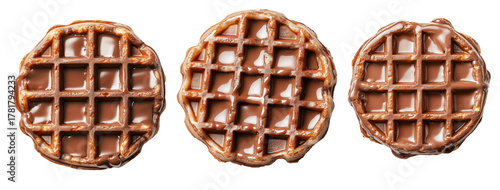 Tasty golden waffle drenched in glossy melted chocolate syrup, isolated on white transparent background, dessert concept
