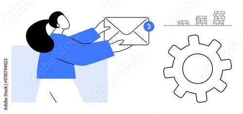 Woman holding an envelope with a notification badge. Gear symbolizes processes stacked coins suggest financial concepts. Ideal for email marketing, communication, updates, teamwork, management