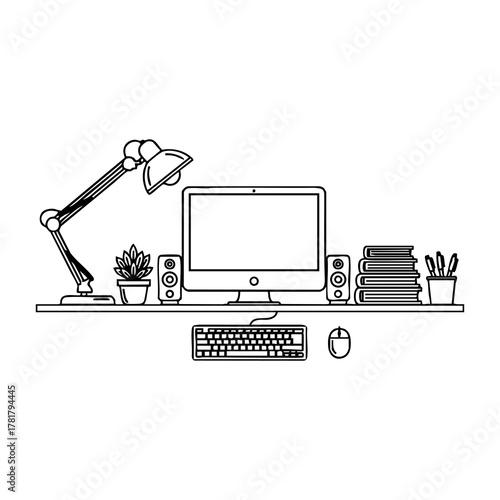 Desk setup with a computer monitor, keyboard, mouse, speakers, desk lamp, potted plant, and stack of books, representing a workspace or home office
