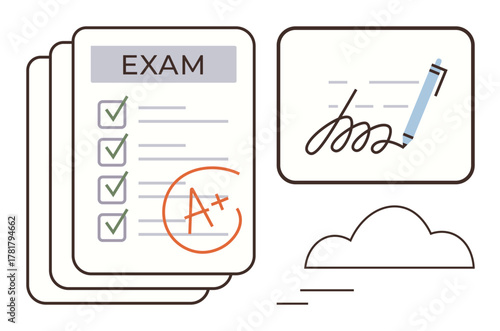 Stack of exam papers with A grade and checkmarks, pen signing document next to cloud. Ideal for education, success, grading, achievements, schoolwork, certification knowledge. Simple flat metaphor