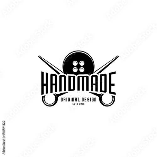 handmade logo, sewing scissors and shirt buttons