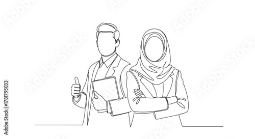 Single Continuous Line Drawing of a Professional Man and Woman in Business Attire