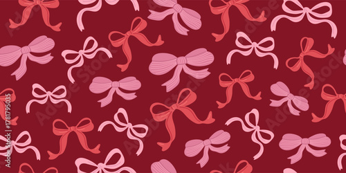 Seamless pattern of pink and red bows on a dark red background. Holiday or celebration concept for wrapping paper or gift card designs.