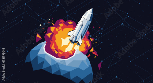 A stylized rocket launches from a geometric planet with a dynamic explosion, symbolizing startup success, technological innovation, and digital connectivity.