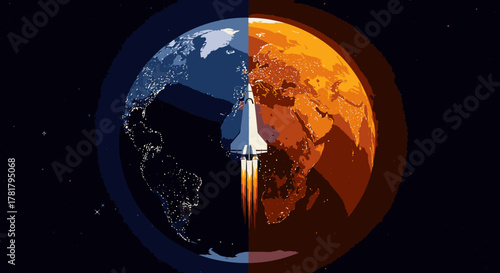 A dramatic visual representation of Earth's dual destiny, showcasing a vibrant, living planet juxtaposed against a barren, climate-impacted landscape.