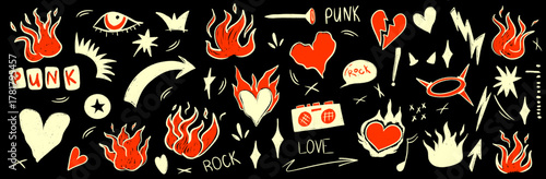 Abstract punk doodle mix with grunge scribble textures. Rock-inspired shapes and hand-drawn lines reflect true punk freedom and loud music style.