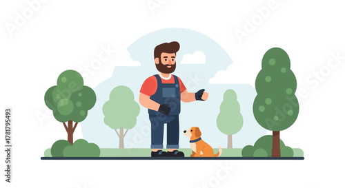 Gardener with dog in park illustration