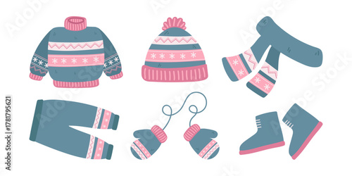 A winter clothing collection, including a sweater, hat, scarf, pants, mittens, and boots, is a cold-weather concept and holiday design element.