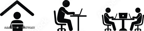 Remote work silhouette, home office vector, individual desk study, collaborative teamwork illustration, laptop workspace icon, digital job, modern workplace, education