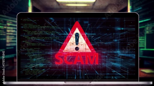 A computer and a warning about a scam