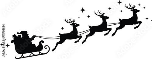 Santa Claus silhouette, flying sleigh vector, reindeer illustration, Christmas holiday design, festive night sky, gift delivery, magical stars, seasonal celebration, winter tradition