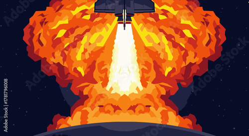 A powerful rocket takes off from Earth with an enormous fiery blast, symbolizing ambition, progress, and the thrilling journey into outer space.