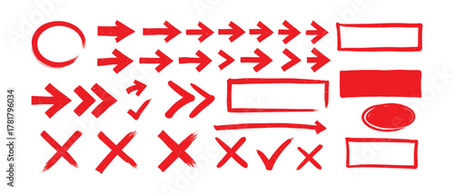 Red Hand Drawn Arrows, Checks, Crosses, and Rectangles for Design and Marking