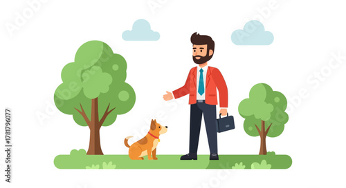 Friendly bearded businessman with a briefcase stops to greet a small, cute dog while walking through a green park