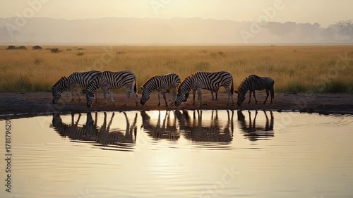 Golden hour shot of a herd of zebras drinking water at a peaceful watering hole in the expansive, dry African savanna