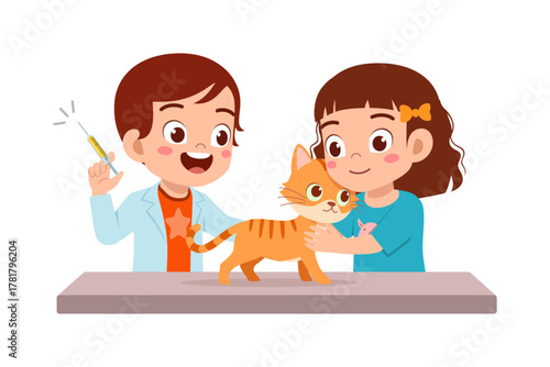 Wallpaper Mural Little Girl Hugging a Cat While Boy Doctor Holding Syringe Smiling in Cartoon Style Torontodigital.ca