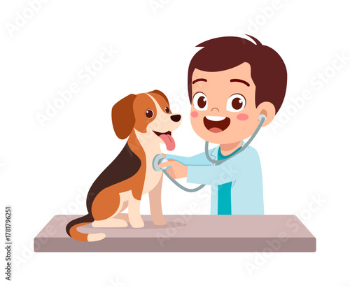 A happy young boy doctor examines a dog with a stethoscope smiling with care