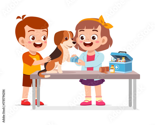 Wallpaper Mural Smiling children help a beagle with first aid on a table in a cartoon style Torontodigital.ca