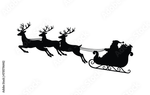 Enchanting silhouette depicting a joyous winter sleigh journey with flying reindeer delivering seasonal cheer