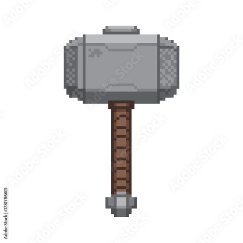 Retro Gaming 8-Bit Pixel Art Icon of a Mighty War Hammer, Resembling a Famous Mythological Weapon for Video Game Asset Design and Classic Arcade Style.