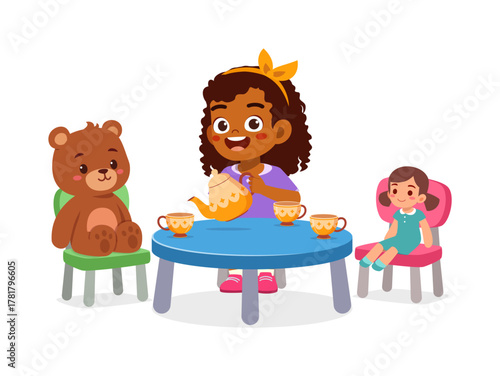 Little Black Girl Playing Tea Party with her Teddy Bear and Friend Cartoon Illustration