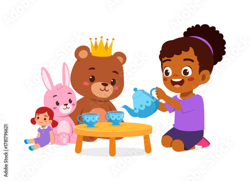 African American girl playing tea party with stuffed animals illustration