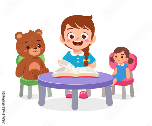 Two Little Girls Reading a Book Together with Teddy Bear Illustration