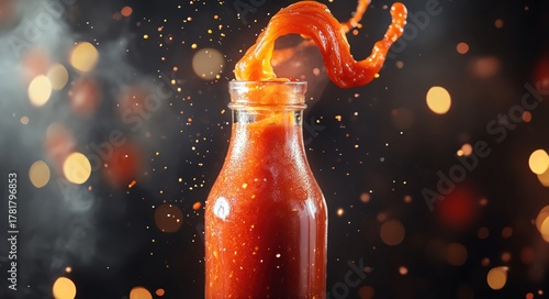 A bottle of tomato sauce magically levitating and spinning midair, with sauce flowing out in a beautiful spiral