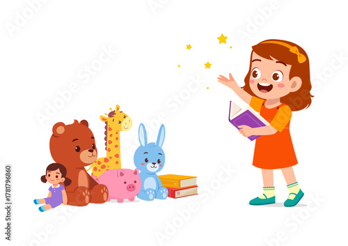 Happy Little Girl Holding a Book Standing Next to Stuffed Animals Toys in Cartoon Style